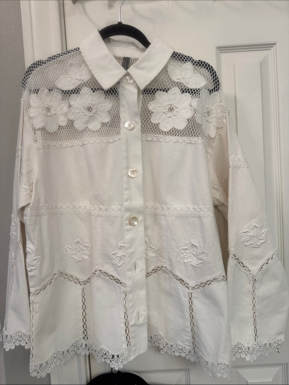 White Floral Lace Panel Button-Up Shacket